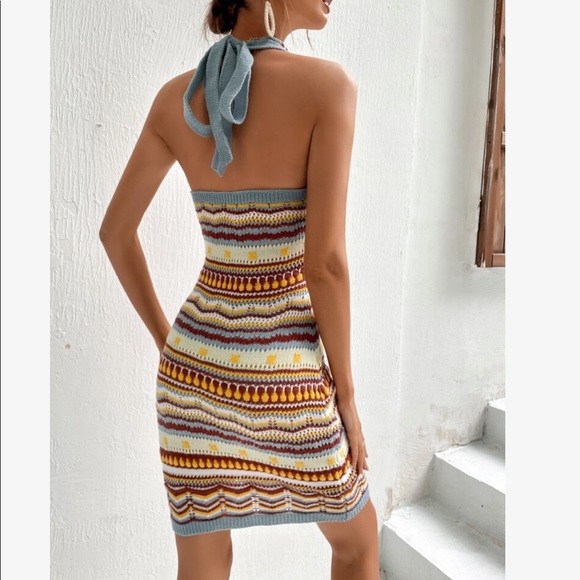 Boho Stripe Chevron Color Block Fitted Halter Knit Dress - Picture 2 of 5